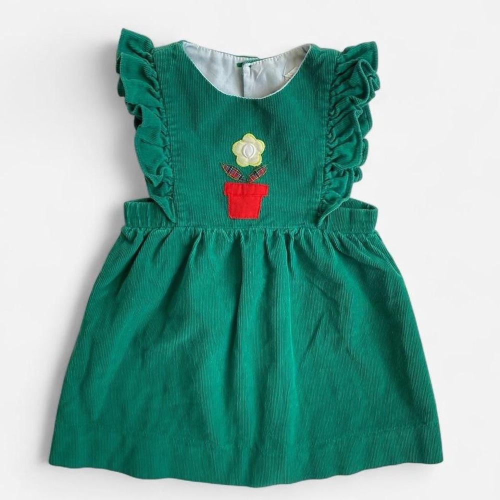 Vintage kids green cotton floral corduroy dress